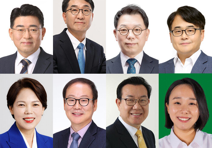 서울 마포갑 예비후보로 등록한 더불어민주당 유창오 전 국무총리비서실 소통메시지비서관, 이지수 전 대통령비서실 해외언론비서관, 오성규 정책위원회 부의장, 이로문 전 정책위원회 전문위원(윗줄 왼쪽부터)과 이은희 전 대통령비서실 제2부속실장, 박경수 전 BBS 불교방송 보도국장, 홍성문 정책위원회 부위원장, 녹색당 김혜미 전 부대표(아랫줄 왼쪽부터). [중앙선거관리위원회, 이지수 페이스북, 박경수 페이스북, 홍성문 페이스북]