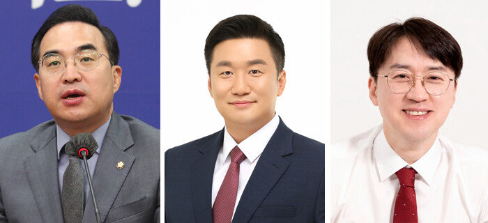 더불어민주당 박홍근 의원과 국민의힘 이승환 전 중랑을 당협위원장, 최문기 국회입법정책연구회 정책연구위원(왼쪽부터). [뉴스1, 중앙선거관리위원회, 최문기 페이스북]