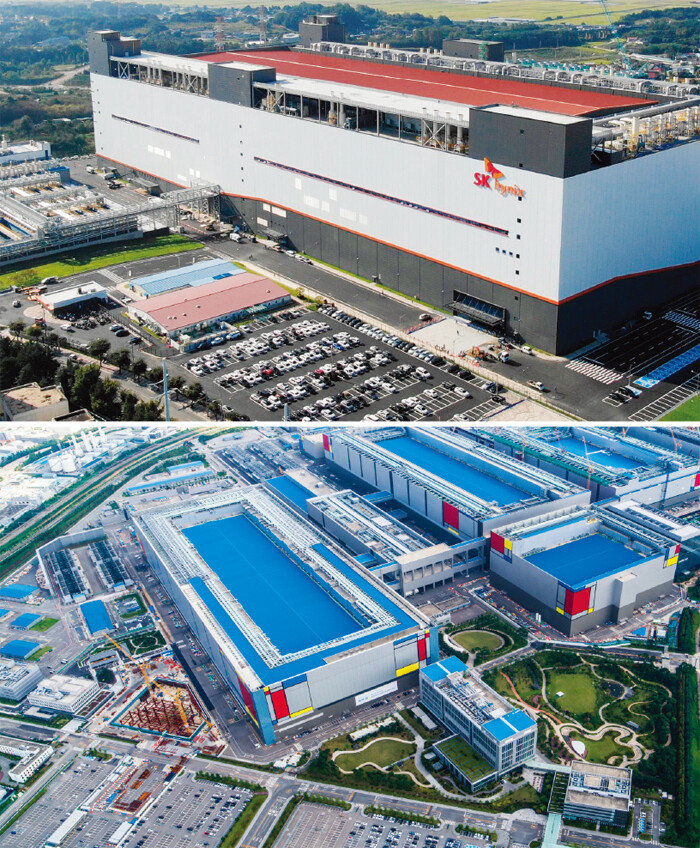 SK하이닉스 충북 청주 공장(위). 삼성전자 경기 평택 공장. [SK하이닉스 제공, 삼성전자 제공]