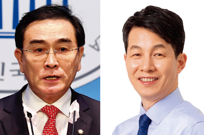 서울 구로을에 공천된 국민의힘 태영호 의원(왼쪽)과 민주당 윤건영 의원. 국민의힘과 민주당이 서울 서초을에 각각 공천한 신동욱 전 TV조선 앵커(왼쪽)와 홍익표 원내대표. [뉴스1, 중앙선거관리위원회 제공]