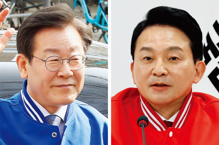 인천 계양을에 출마한 더불어민주당 이재명 후보(왼쪽)와 국민의힘 원희룡 후보. [뉴스1]