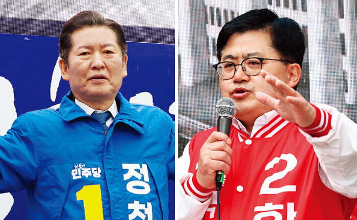 서울 마포을에 출마한 민주당 정청래 후보(왼쪽)와 국민의힘 함운경 후보. 정 후보는 최근 여론조사 에서 함 후보를 오차범위 밖인 17%p 차로 따돌려 앞서 실시된 다른 조사(13%p)보다 4%p 격차를 더 벌렸다. [뉴스1]