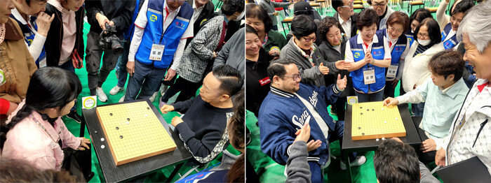 4월 6일 경북 포항시 포항실내체육관에서 열린 ‘알까기 대회’ 리허설에서 코미디언들이 ‘알까기 대전’을 펼치고 있다. [이비티에스협동조합 제공]