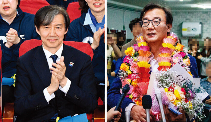 조국혁신당 조국 대표가 4월 10일 국회에서 22대 총선 사전조사 결과 발표를 보며 박수를 치고 있다(왼쪽). 22대 총선 부산 북구갑에서 당선한 더불어민주당 전재수 후보. [뉴스1]