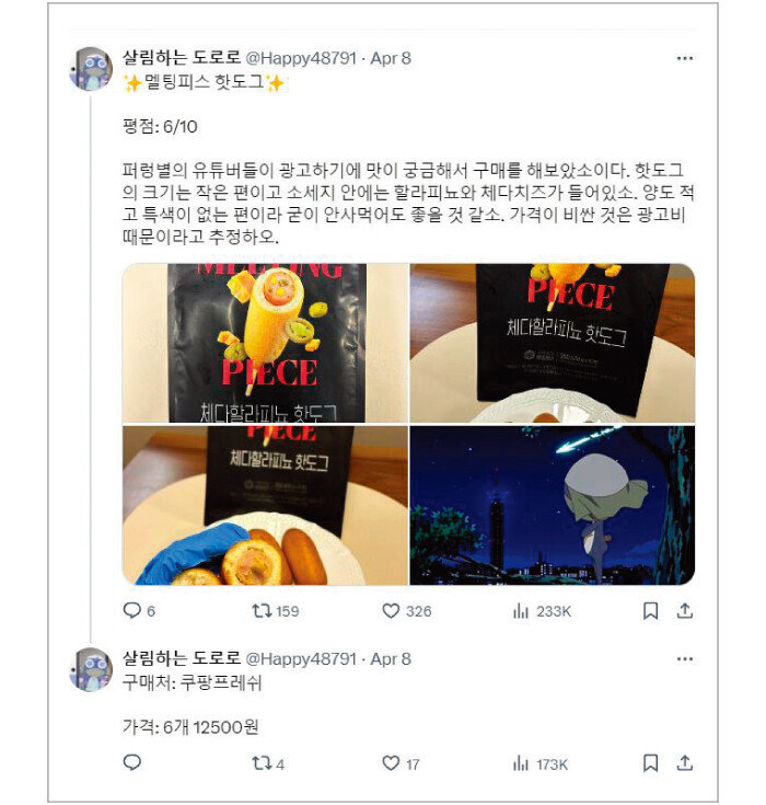 소셜네트워크서비스(SNS)에서 유행하는 상품을 직접 사서 써보고 후기를 남기는 ‘살림하는 도로로’. [X(옛 트위터) ‘살림하는 도로로’ 계정 캡처]