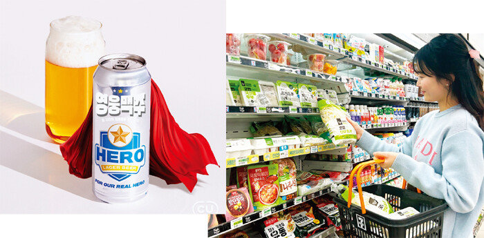 CU가 선보인 1캔에 2000원짜리 수제맥주 ‘영웅맥주’(왼쪽). 세븐일레븐은 최근 상품 20여 종을 대상으로 ‘물가안정 갓성비 행사’를 진행했다. [CU 제공, 세븐일레븐 제공]