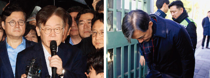 2023년 9월 27일 새벽 구속영장이 기각된 뒤 서울구치소를 나서는 더불어민주당 이재명 대표(왼쪽)와 지난해 12월 16일 서울구치소에 수감되기 전 인사하는 조국혁신당 조국 전 대표. [동아DB]