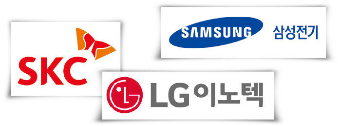 SKC, LG이노텍, 삼성전기 로고(왼쪽부터). [SKC 제공, LG이노텍 제공, 삼성전기 제공]