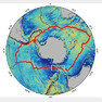 야구 공의 실밥처럼 남극 대륙을 둘러싸고 있는 남극 중앙해령(붉은 선)에서 극지연구소 연구팀이 새로 열수분출구를 발견했다. 하얀 실선으로 된 부분이 이번 연구팀이 탐사를 진행한 지역이다. 극지연구소 제공