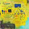 장-미셸 바스키아의 ‘할리우드 아프리칸스’(1983). 휘트니 뮤지엄 소장. 자신의 얼굴과 동료 예술가 Toxic, Rammellzee를 그려 넣었다. 좌측의 사람 모양 형상은 흑인 최초로 오스카를 수상한 해티 맥다니엘을 의미한다.- 바비칸 아트 갤러리 제공·ⓒThe Estate of Jean-Michel Basquiat, Licensed by Artestar, New York
