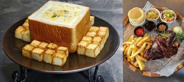 Beerport breu’s signature dishes: Bread Fondue (left) and Schweinshaxe (right) / source=Beerport breu