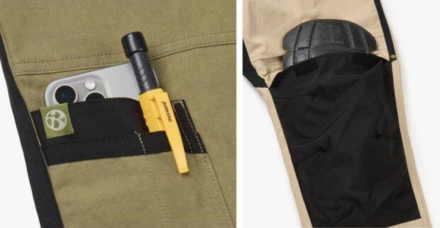 Utility pocket for convenient storage of various tools (left) and buffer pad to protect the knee area (right) / source=SECOND CLOSET