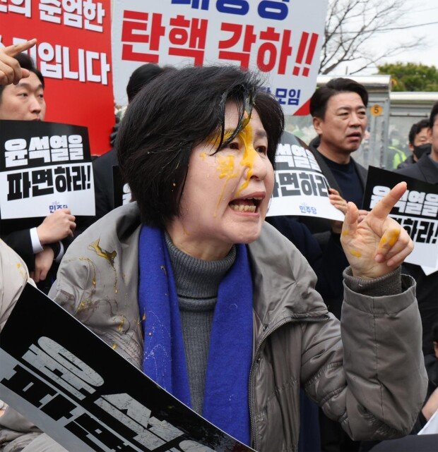 헌재 앞 ‘尹파면 촉구’ 野의원 얼굴에 날아든 계란… 野 “명백한 테러”