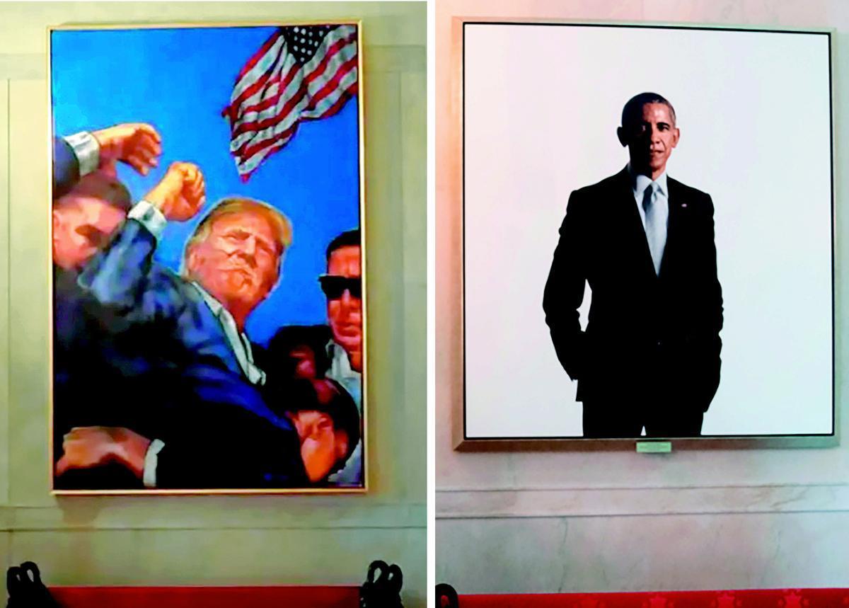 トランプ氏、オバマ氏の肖像画を自身の「暗殺未遂」絵に差し替え 