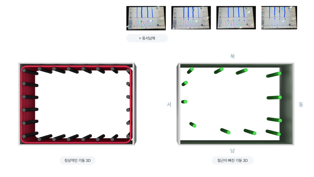 인턴 디자이너가 제작 초기에 만들었던 기둥 3D 이미지 샘플을 위에서 바라본 모습. 실제 비파괴검사 결과를 이미지에 적용하면, 설계 도면대로의 이상적인 철근 배열에서 몇 개가 