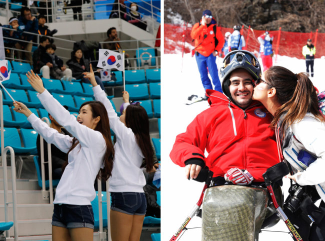 한국 선수들의 선전을 기원하는 열띤 응원전.(왼쪽) 완주한 선수에게 입맞춤하는 여성.