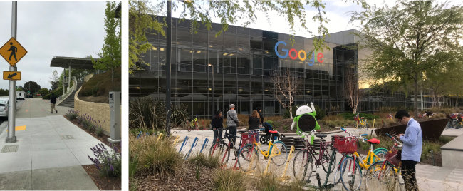 유튜브의 모기업이자 유튜브 일부 직원이 근무하는 구글 본사 풍경. 안드로이드 운영체제(OS) ‘오레오’를 상징하는 조형물 앞에서 방문객들이 
얘기를 나누고 있다. 인근에 있는 구글의 다른 건물로 이동할 때 사용하도록 비치돼 있는 ‘구글 자전거’가 눈에 띈다.(오른쪽) 유튜브 본사 정문에서 경비직원이 주위를 둘러보고 있다. [황장석]