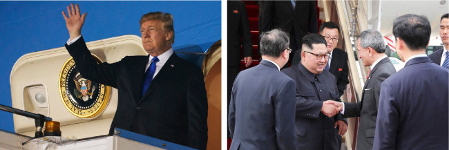 ‌북·미 정상회담을 이틀 앞둔 6월 10일 트럼프 대통령과 김정은 위원장이 싱가포르 파야레바 공군기지와 창이 공항에 각각 도착해 비행기에서 내리고 있다. 