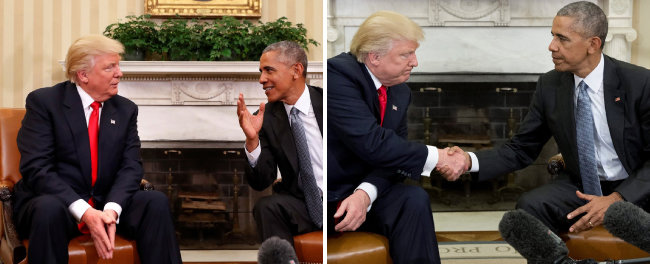 대통령 당선 직후인 2016년 11월 10일, 백악관을 찾아 오바마 당시 미국 대통령을 만난 트럼프 제45대 미국 대통령 당선인. 트럼프는 두 손을 모으고 오바마의 말을 경청했지만(왼쪽 사진), 악수할 때 오바마의 눈을 쳐다보지 않았다. [뉴시스]