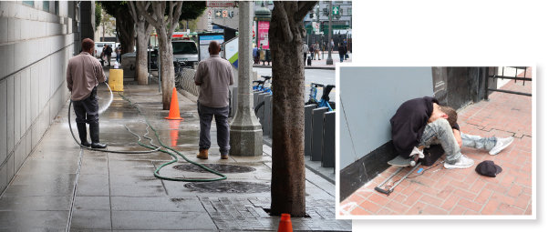 샌프란시스코 공립도서관 앞 인도에서 직원들이 길 위의 오물을 치우고자 물청소를 하고 있다(왼쪽). 샌프란시스코 텐더로인 지역으로 진입하는 길 모퉁이에서 대낮에 약에 취한 듯 쓰러져 있는 백인 청년. 청년 옆 길바닥엔 주사기가 놓여 있다.
