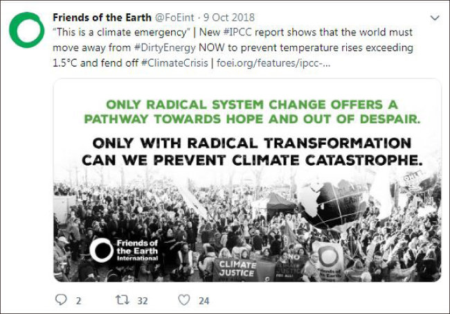 ‘지구의 친구들’과 같은 환경단체는 파국적인 기후변화를 막기 위해 급격한 에너지 체계 변화를 요구하고 있다. [‘지구의 친구들’ 트윗]