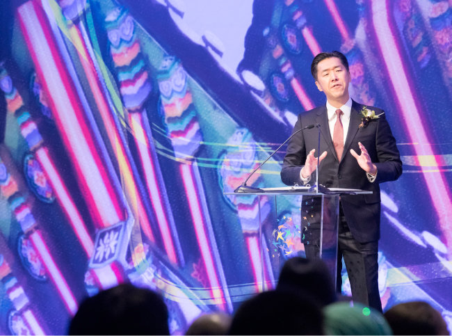 문현진 글로벌피스재단 의장이 2월 28일 서울 중구 롯데호텔에서 열린 ‘글로벌피스컨벤션 2019’에서 연설하고 있다. [지호영 기자]