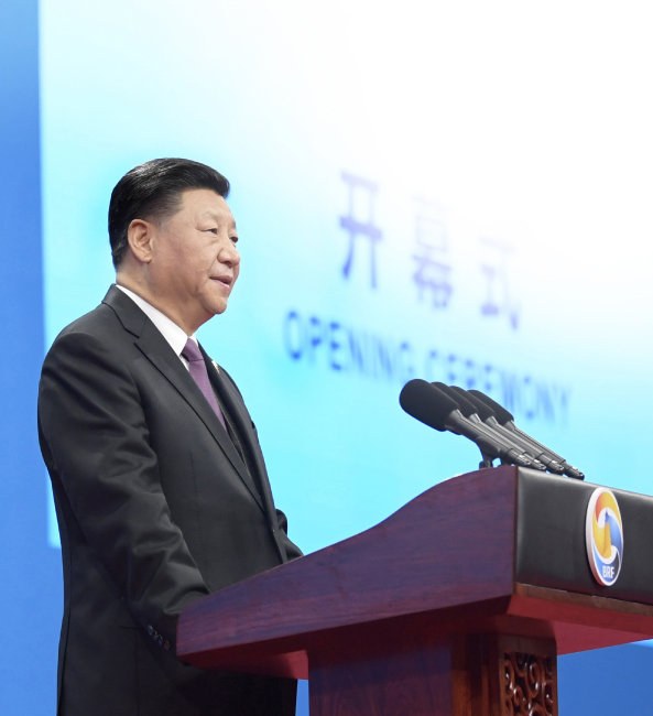 4월 26일 중국 베이징에서 열린 ‘일대일로 포럼’에서 연설하고 있는 시진핑 중국 국가주석. [신화=뉴시스]