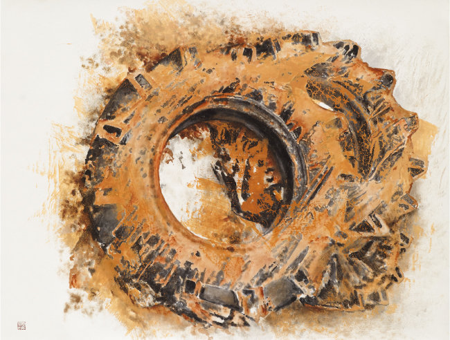 바퀴 Wheel 한지 위에 흙, 유화물감, 먹 ink, oil color, and soil on paper 164x126cm 2017_001