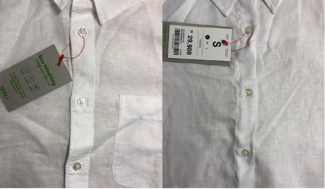 남성복 셔츠의 단추 부분(왼쪽)과 여성복 셔츠의 단추 부분. [최희진 제공]