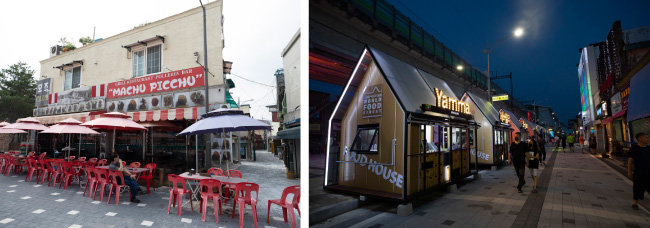 캠프보산에 터 잡은 남미 음식점(왼쪽). 미얀마 음식점 얌마. [지호영 기자]