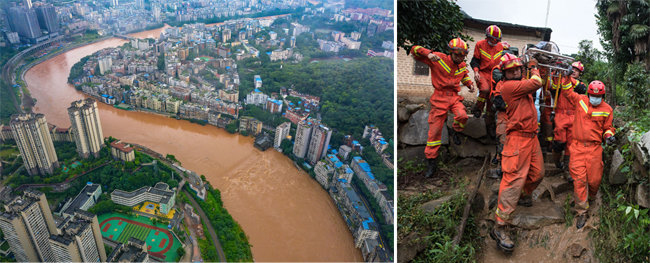 7월 1일 중국 충칭시에 홍수가 나 시내를 가로지르는 하천이 누렇게 흐르고 있다(왼쪽). 7월 10일 중국 후베이성 황메이현에서 폭우로 산사태가 일어나 구조대원들이 잔해 속에서 인명을 구조해 이동하고 있다. [신화=뉴시스]