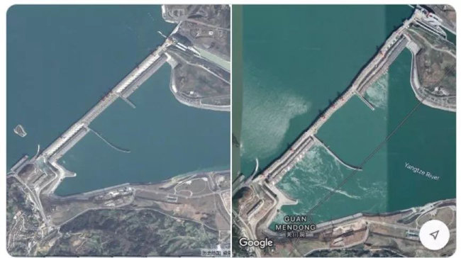 싼샤 댐이 크게 변형됐다며 구글에 올라온 사진(오른쪽)과 이 사건 이후 중국 위성이 찍은 사진(왼쪽). 구글에 올라온 사진엔 댐이 여기 저기 휘어 있으나 왼쪽은 반듯하다. [바이두]