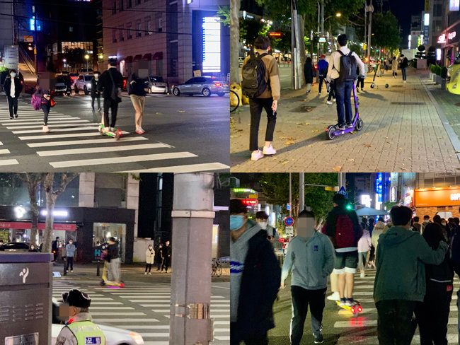 10월 28일 밤 10시경 서울 강남구 대치동에서 시민들이 전동킥보드를 이용하고 있다. [문영훈 기자]