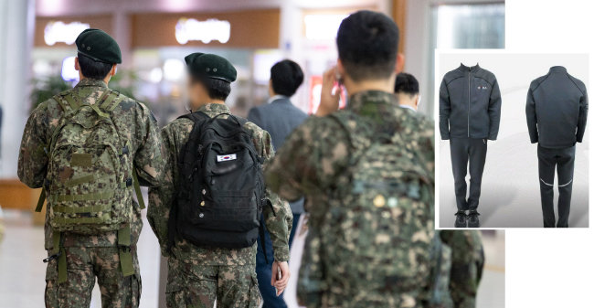 5월 10일 서울역에서 군 장병들이 발걸음을 옮기고 있다(왼쪽). 현재 군에서 장병들이 입고 있는 운동복. [뉴스1, SBS뉴스 화면 캡쳐]