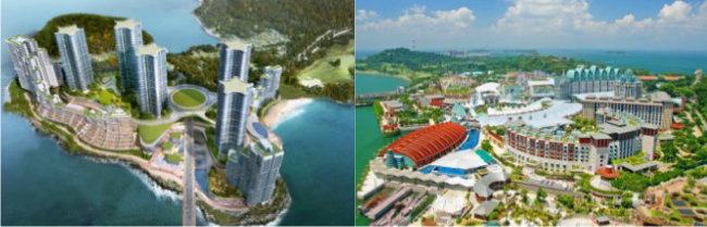 여수 경도 해양관광단지가 개발될 경우의 조감도와 싱가포르 센토사섬(Sentosa) 조감도를 비교한 모습. [광양만권 경제자유구역청, 구글 캡쳐]