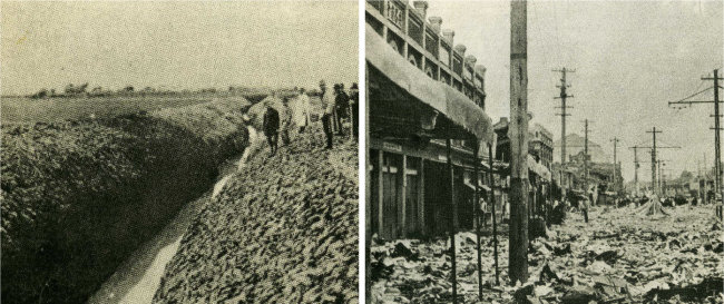 완바오산 사건의 발단이 된 수로(왼쪽)와 7월 5일 중국인 배척 폭동으로 폐허가 된 평양 중국인 거리. [사진으로 보는 독립운동, 서문당, 1996]