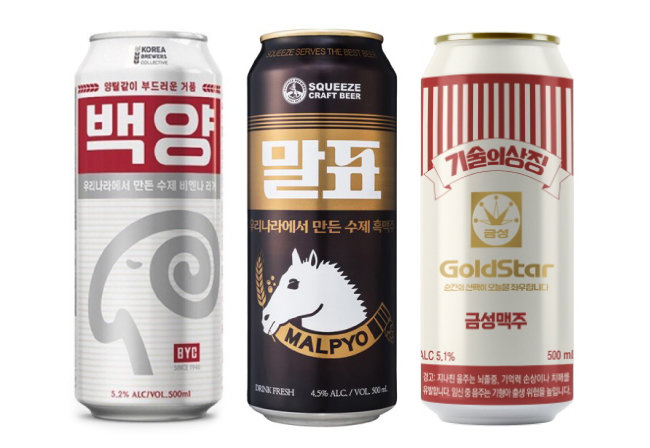 곰표 맥주가 성공하자 (왼쪽부터) 백양BYC, 말표, 금성 등 과거 브랜드 로고를 활용한 맥주가 대거 출시됐다. [CU 제공]