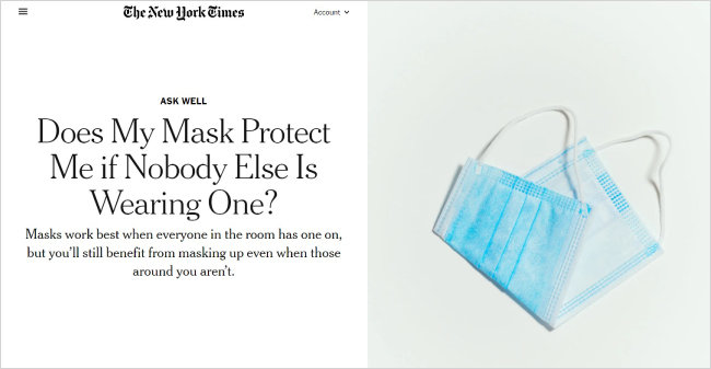 마스크 착용의 중요성을 강조하는 미국 뉴욕타임스 기사. [인터넷 캡처]