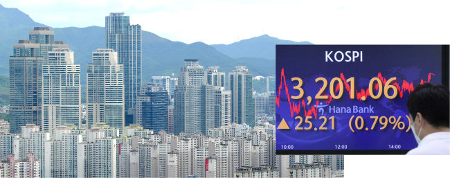 9월 3일 오후 서울 중구 하나은행 딜링룸에서 직원이 업무를 보고 있다(오른쪽). 이날 코스피 지수는 전 거래일 대비 25.21(0.79%) 오른 3201.06으로 장을 마쳤다. 서울 강남구 단대부고 일대 아파트 전경(왼쪽).