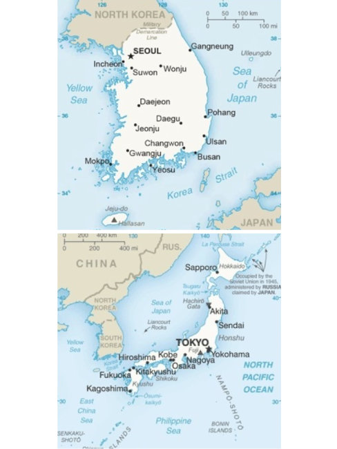 CIA ‘월드팩트북’에 실린 한국(위)과 일본 지도. ‘일본해(Sea of Japan)’ 표기가 선명히 보인다. 또 한국 지도는 땅 위주로 그려진 반면, 일본은 광대한 바다 영토를 가진 것으로 표현돼 있다. 박기태 ‘반크’ 단장은 “잘못된 지명 표기를 바로잡는 것과 더불어 우리나라 지도도 바다 영토를 포함하는 방식으로 다시 그려야 한다”고 밝혔다. [인터넷캡처]