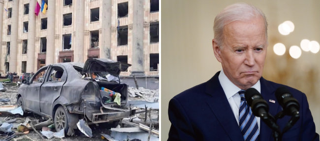 러시아군의 폭격으로 폐허가 된 우크라이나 하리코프 주정부 청사 지역(왼쪽).  예방외교 실패로 조 바이든 미국 대통령의 리더십은 위기에 봉착했다는 평가를 받는다. [AP 뉴시스]