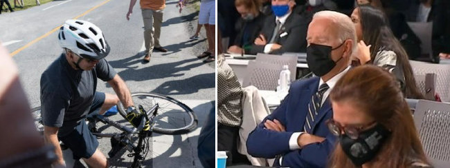 6월 18일 자전거 헬멧을 쓴 조 바이든 대통령이 자택이 위치한 미국 북동부 델라웨어주의 한 공원에서 자전거를 타다가 균형을 잃고 넘어져 있다.(왼쪽) 지난해 11월 1일 바이든 대통령이 영국 글래스고에서 열린 제26회 유엔기후변화회의(COP26) 개막식에서 졸고 있다. 이는 바이든 대통령의 건강 이상설에 불을 지폈다. [트위터]