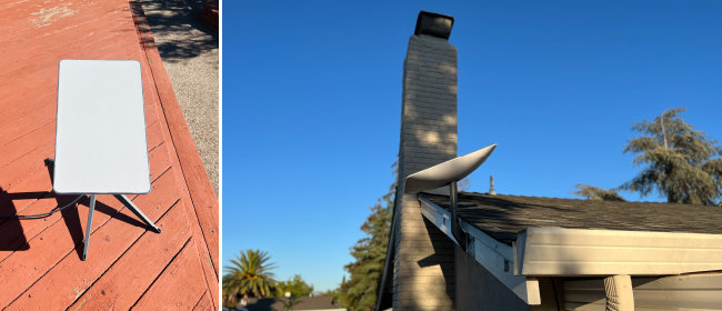 8월 7일 필자가 스타링크 위성안테나의 설치 전 모습을 찍었다(왼쪽). 8월 14일 필자의 집 지붕 측면에 설치된 스타링크 위성안테나. [황장석]