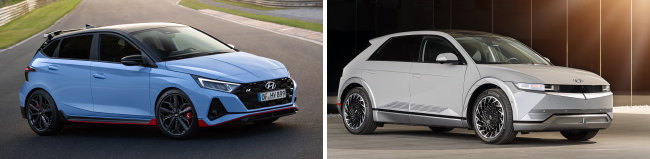 2021년 12월 ‘2021 톱기어 어워드(2021 Top Gear Magazine Award)’에서 ‘올해의 차(Car of the Year)’로 선정된 i20 N(왼쪽). 미국 자동차 전문지 ‘카앤드드라이버’가 발표한 ‘2022 올해의 전기차’에 선정된 현대차 아이오닉5. [현대차그룹]