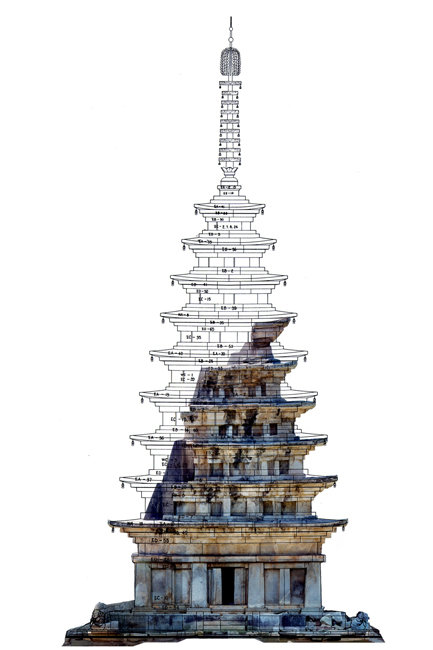 복원을 거친 미륵사지 석탑의 남은 부분을 기반으로 원래 탑의 모양을 예상해 그린 겨낭도. [문화재청]
