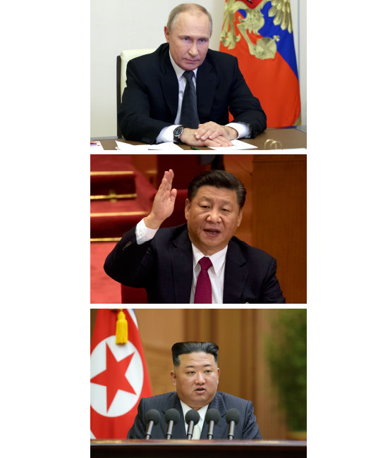 블라디미르 푸틴 러시아 대통령, 시진핑 중국 국가주석, 김정은 북한 노동당 총비서(위에서부터). 이근 교수는 푸틴, 시진핑, 김정은은 “정말로 핵을 쏠 수 있는 이들”이라고 역설했다. [AP 뉴시스]