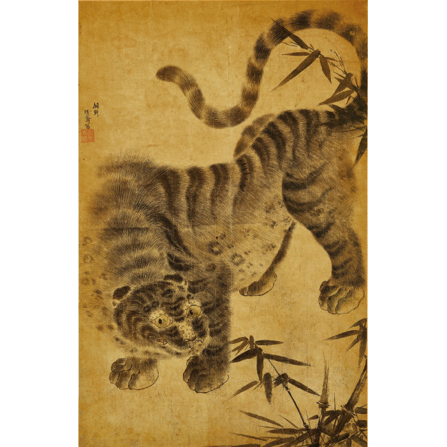 호죽도(虎竹圖) | 17세기. 지본 수묵담채. 112 x 72㎝ 작가는 미상이다. 조선 통신사가 17세기 일본을 방문해 그린 것으로 추정된다. 조선 통신사가 일본에서 그린 호랑이와 용 그림이 간혹 발견되기 때문이다.