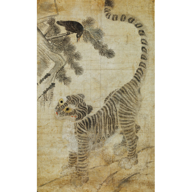 호작도(虎鵲圖) | 19세기 후기. 지본 채색. 105.5 x 67.5㎝ 까치가 아기 호랑이에게 장난을 거는 듯한 모습이 그려져 있다. 아기 호랑이의 천진하고 귀여운 표정을 표현한 것이 일품이다.