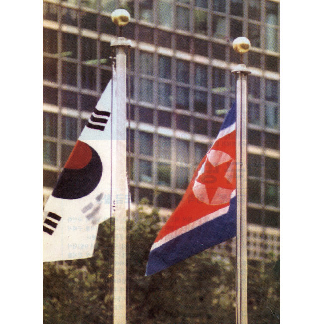 1991년 9월 18일 태극기와 인공기가 미국 뉴욕 유엔(UN) 본부 앞 회원국 국기 게양대에 걸려 있다. 미국은 같은 해 남북한 유엔 동시 가입 이후 한미 군사 문서에 북한 지역을 ‘점령 지역’이 아니라 ‘잃은 지역’으로 표기하고 있다. [동아DB]