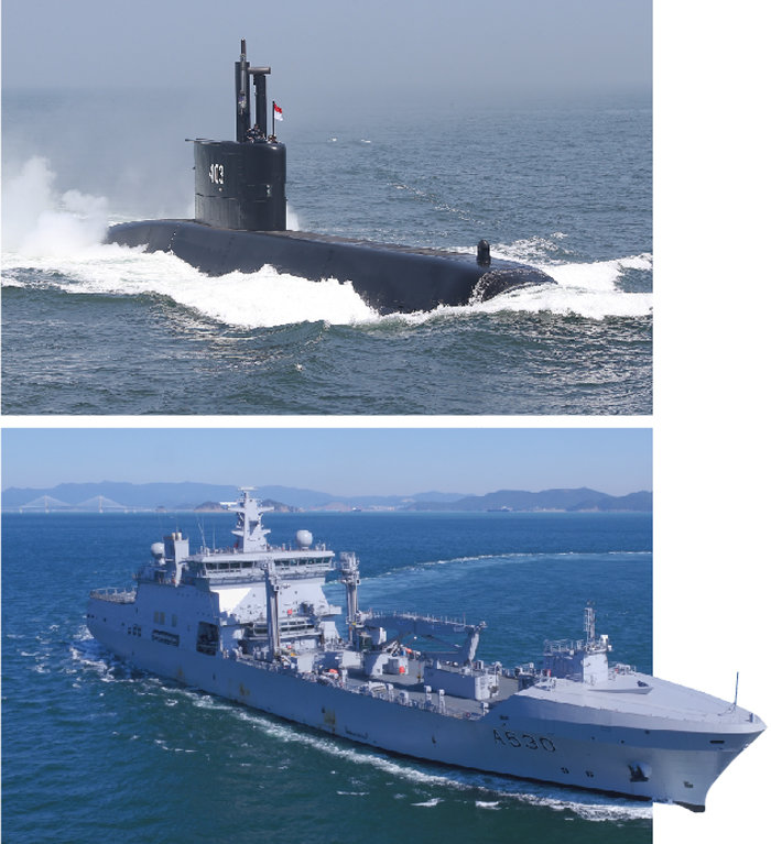 2017년 한화오션이 인도네시아에 수출한 잠수함 ‘나가파사함’(위). 한화오션이 노르웨이에 수출한 군수지원함. [한화오션]